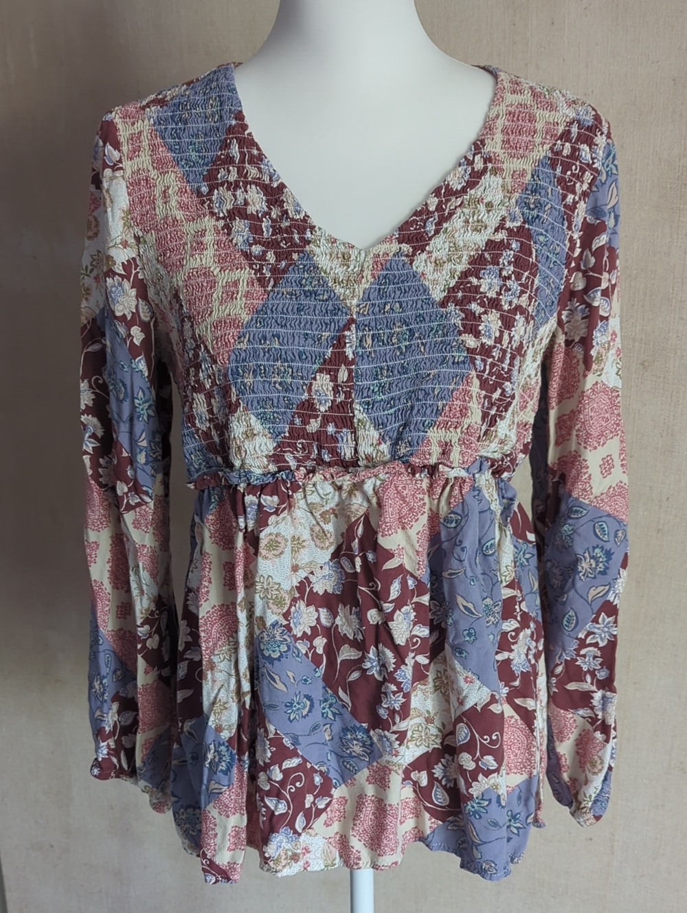 Maurices Multi-Color Floral Patchwork V-Neck Peplum Tunic